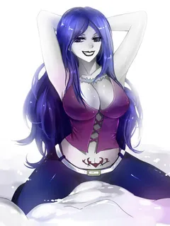 alternate_costume armpits black_lipstick blue_eyes blue_hair corruption evil_smile fairy_tail femsub flowerxl goth juvia_loxar large_breasts long_hair necklace smile tattoo white_skin