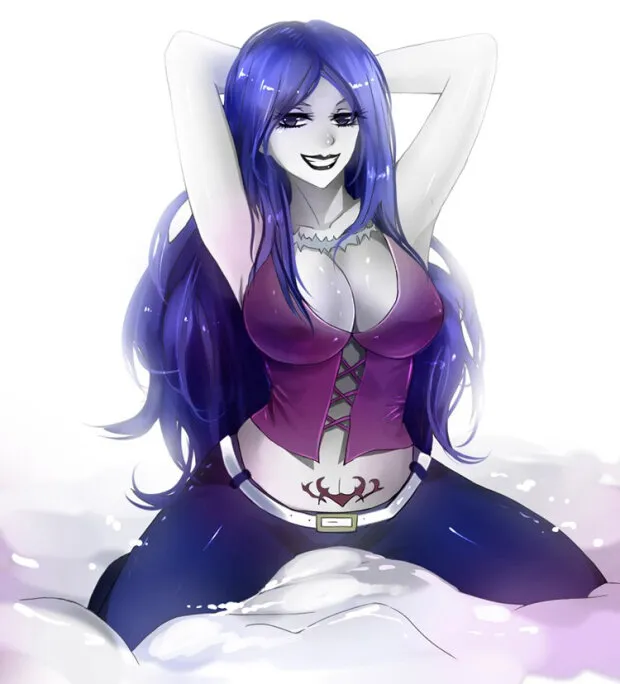 alternate_costume armpits black_lipstick blue_eyes blue_hair corruption evil_smile fairy_tail femsub flowerxl goth juvia_loxar large_breasts long_hair necklace smile tattoo white_skin