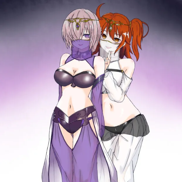 cleavage collar empty_eyes fate/grand_order female_only femsub fudoko_(fate_grand_order) happy_trance harem_outfit large_breasts lipstick midriff orange_eyes orange_hair purple_eyes purple_hair see-through shielder_(fate/grand_order) short_hair smile veil