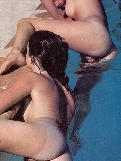 two chicks with hairy pussy getting out of pool