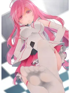 bemani sound voltex rasis katoma high resolution 1girl ahoge checkered checkered background elbow gloves feet gloves hands on hips long hair looking at viewer panchira panchira (standing) pantsu pink eyes pink hair pov feet shimapan skirt soles standing s