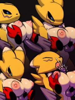 balls bandai big_breasts breasts chest_tuft cum digimon female fur furry gloves grope impmon licking looking_down male nipples open_mouth oral paizuri penis puffy_nipples renamon shiny squeezing tongue tongue_out tuft xylas