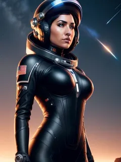 busty indigenous space explorer in black, helmet off, gaze towards stars