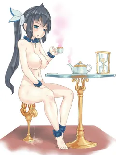 anklet black_hair blue_eyes collar cup dungeon_ni_deai_wo_motomeru_no_wa_machigatteiru_darou_ka female hair_ribbon hestia_(danmachi) hourglass jewelry long_hair navel nude pussy_juice ribbon sitting solo table teacup teapot twintails very_long_hair yakou_