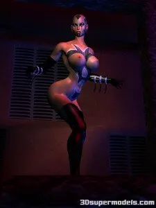 3d naked toon with paint on her face and body shows off her tits her black stockings and crazy uniform