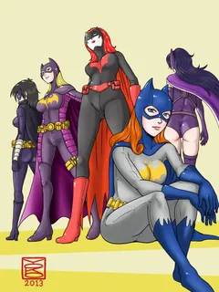 ass barbara_gordon bat_(symbol) batgirl batman_(series) batwoman belt black_bat black_hair blonde_hair bodysuit boots cape cassandra_cain dc_comics domino_mask female gloves helena_bertinelli highres huntress mask multiple_girls orange_hair purple_shoes r