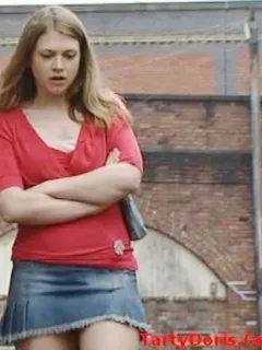 jenny walking on corrie in very short, blue denim skirt pic