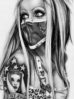 beautiful sketch of a thrasher bitch with tattoos and mask.