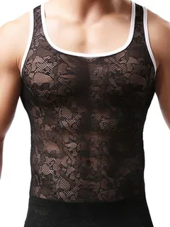 sexy flower lace tank top gym breathable apparel vest men's lingerie undershirts lingerie for men