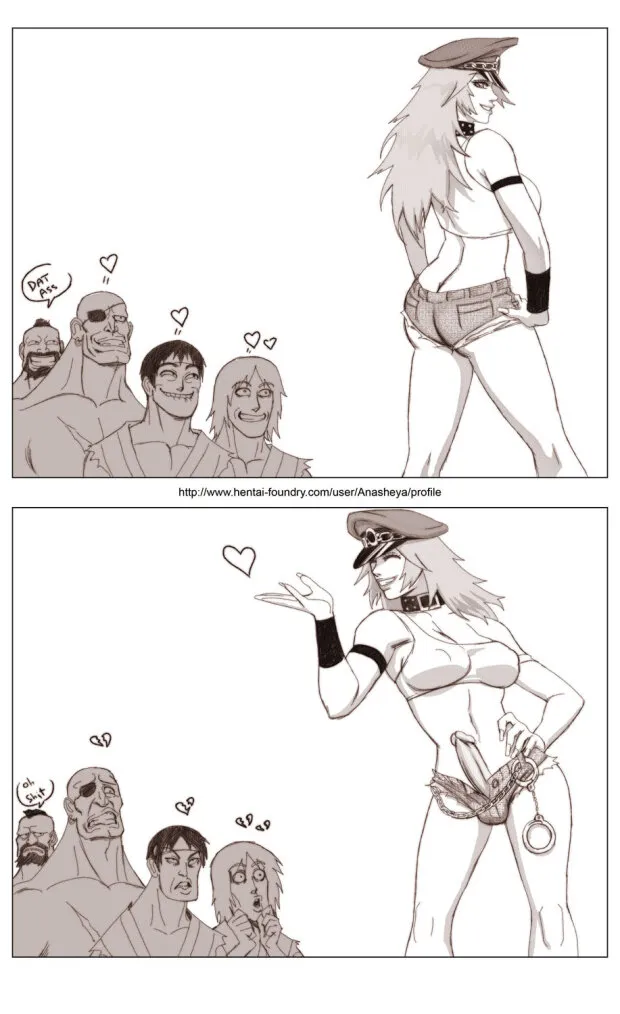 anasheya armlet ass back beard biting blown_kiss breasts broken_heart butt_crack capcom cuffs cutoffs dougi erection facial_hair final_fight grin handcuffs hat heart highres ken_masters large_breasts lip_biting long_hair midriff mohawk monochrome multiple