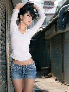 sexy korean models - im soo yeon - short jeans outfit and red high heels