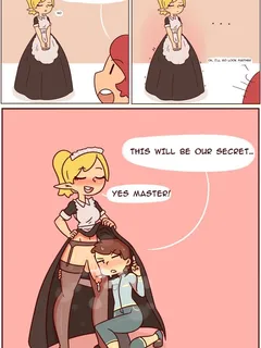 1futa balls blonde_hair blowjob blush brown_hair clothed clothing comic cum cum_drip dialogue digital_media_(artwork) dress duo elf english_