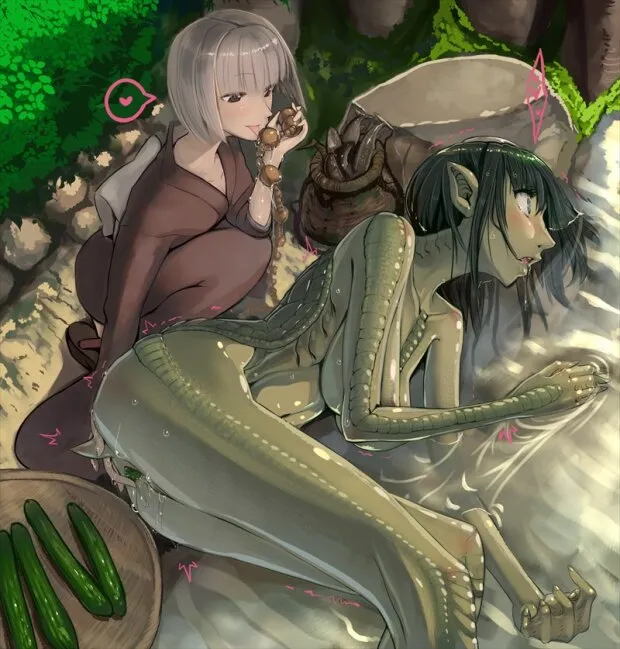 2girls anal anal_beads anal_object_insertion basket blue_eyes blush breasts cucumber fish food green_skin grey_hair heart jajala japanese_clothes kappa kimono large_breasts licking monster_girl multiple_girls object_insertion on_side original pointy_ears