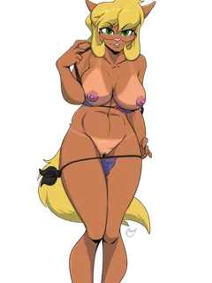 anthro areolae bikini blonde hair breasts breasts outside callie briggs cat feline furry glasses large breasts long hair looking at viewer nipples panties around legs pink nipples pussy swat kats tan lines