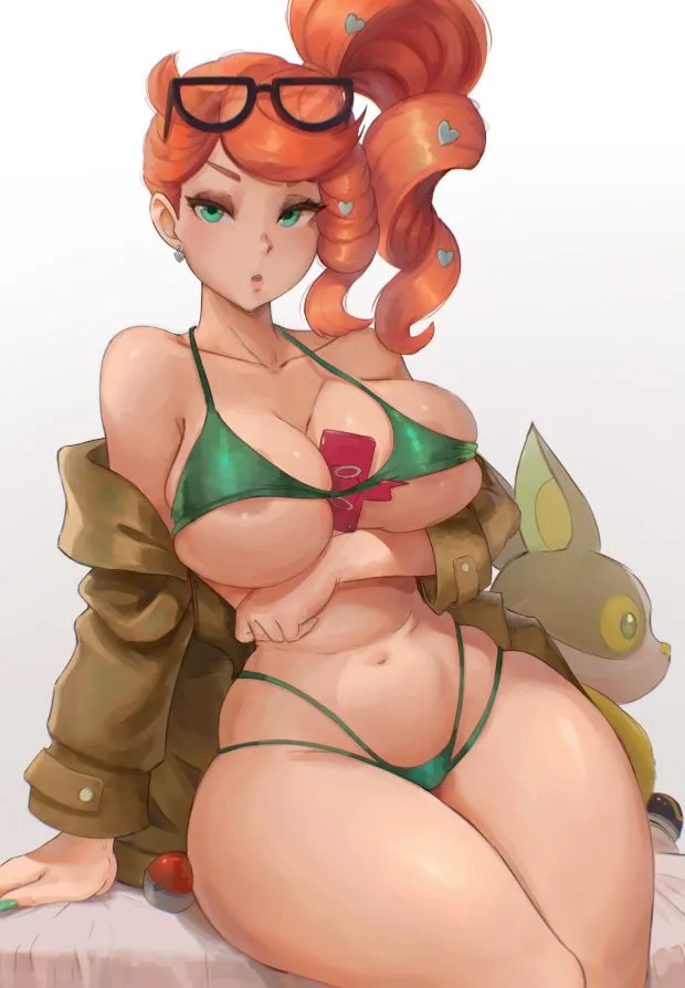 lesottart sonia yamper rotom phone 2021 hi res absurd res pokemon nintendo sword and shield areolae areola slip arm under breasts bikini breasts earrings female female focus female only glasses glasses on head green bikini green eyes hairclip highleg high