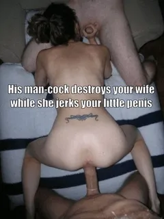 wife get's stretched out by a real man while she jerks your little dick