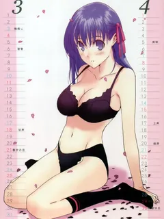 fate (series) fate/stay night type-moon matou sakura morii shizuki high resolution very high resolution scan large filesize calendar 1girl april black bra black legwear black panties blush bra breasts cherry blossom cleavage hair ribbon large breasts ling