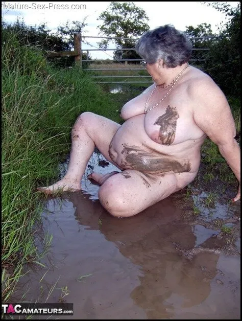 kinky fat , grandma libby , is doing like a pig outdoor in the dirty …