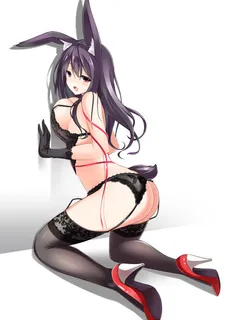 big brunette bunny-girl tits and fine ass in black lace lingerie and red heels