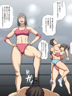 2boys 2girls abs asymmetrical_hair brown_eyes brown_hair femdom fingerless_gloves gloves hetero makya male multiple_boys multiple_girls muscle open_mouth original short_hair side_ponytail translated wrestling