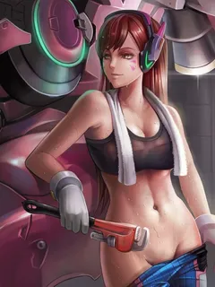 d.va working on her mech and stripping down to cool off