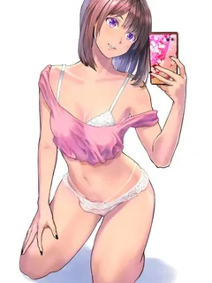 tama (monster1553), original, highres, simple background, white background, black nails, bra, breasts, brown hair, cellphone, crop top, female, full body, kneeling, medium breasts, medium hair, nail polish, navel, newhalf, off shoulder, panties, penis in