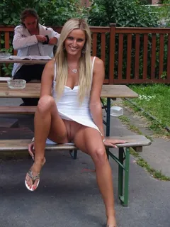 blonde wife no panties pussy upskirt in public pic