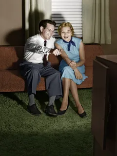 typical 1960s couple's reaction to gillian island sex scenes.