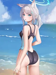 nekko at the beach in a one-piece swimsuit