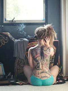 hot tattoo sister in panty smoking weed