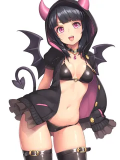 excited demoness in a cute hoodie, leather thigh-highs and underwear.