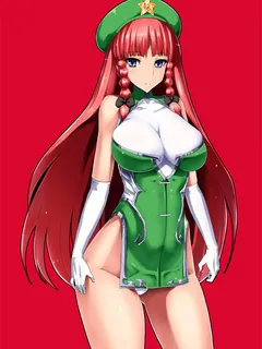 touhou hong meiling ishimura (ishimura-ya) miso (misosiruoisi) 1girl adapted costume blue eyes braid breasts elbow gloves gloves hat large breasts long hair red background red hair simple background solo star twin braids