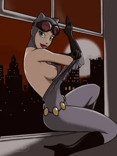 batman_(series) bodysuit boots breasts catwoman dc female gloves goggles goggles_on_head green_eyes high_heel_boots japes looking_at_viewer moon night nipples selina_kyle sideboob sitting smile solo undressing unzipped window