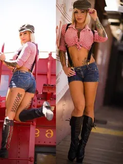 tiffany chase is a sexy woman in plaid cowgirl stuff & daisey dukes short shorts - fota tiedoff zxzx