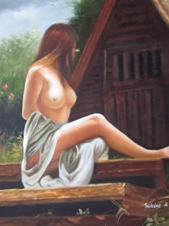 art of women - nude on wooden steps