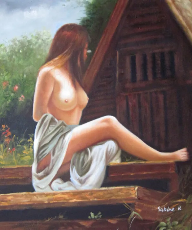 art of women - nude on wooden steps