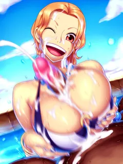 breasts cleavage huge_breasts large_breasts nami_(one_piece) one_piece orange_hair paizuri sawao smile swimsuit