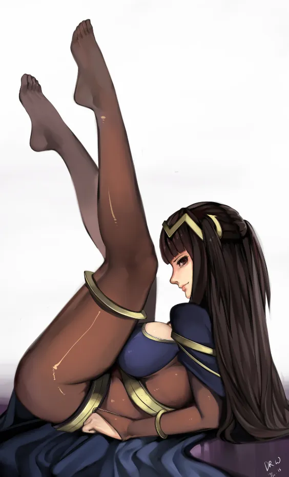 fire emblem fire emblem: kakusei nintendo tharja (fire emblem) dr.wolf 1girl black hair bodysuit breasts bridal gauntlets feet female large breasts legs legs up long hair long legs looking at viewer no shoes pantyhose sheer legwear solo thighs toes