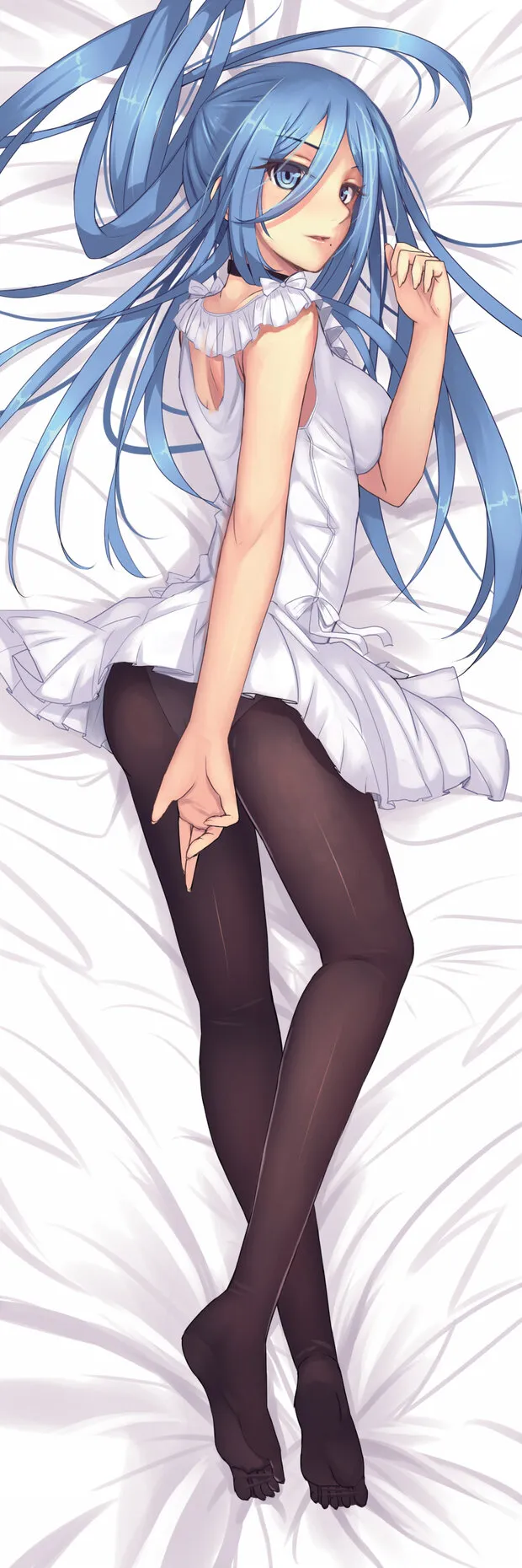 absurdres aoki_hagane_no_arpeggio black_legwear blue_eyes blue_hair breasts dress female highres large_breasts long_hair lying on_back on_side panties panties_under_pantyhose pantyhose sleeveless sleeveless_dress solo takao_(aoki_hagane_no_arpeggio) under