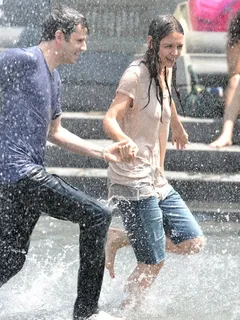 katie holmes wet t-shirt and see-through pokies at water fountain