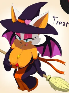 mtd rouge the bat text highres sonic anthro areolae armwear bat breasts breasts outside broom eyeshadow furry large breasts large nipples looking at viewer nipples orange nipples presenting puffy nipples shirt pull wings witch hat