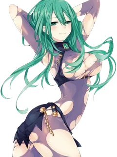 date a live natsumi (date a live) tsunako transparent background 1girl armpits arms up ass blush bodysuit breasts chain cleavage contrapposto gem green eyes green hair long hair smile solo torn bodysuit torn clothes