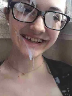 cute 18yo slut with cum on her glasses and tits