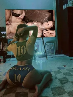 dirty slut with a brazilian booty loves watching nasty porn on her tv