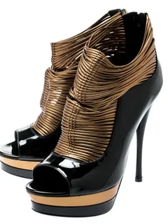 versace black/ metallic dull gold patent leather peep toe platform cage ankle booties