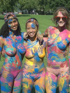 three hot college teens topless in bodypaint and one with no underwear on