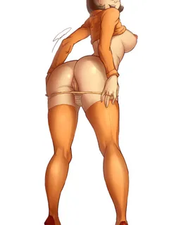 anus ass blue_eyes bow breasts dat_ass female glasses hairbow hanna_barbera high_heels large_breasts long_legs looking_back open_mouth orange_legwear panties panties_down scooby-doo shonomi short_hair sideboob simple_background smile solo solo_female stan