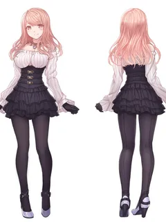 original steelleets 1:1 aspect ratio 1girl black gloves black legwear black skirt blush breasts brown hair dress frilled skirt frills from behind gloves high heels large breasts long hair looking at viewer pantyhose pen.ch pink eyes pink hair shoes simple