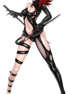 1girl 2015 black_hair blade_&_soul bodysuit breasts center_opening character_request cleavage dated dual_wielding earrings elbow_gloves gloves jewelry katana knife long_hair mhg_(hellma) mismatched_footwear navel red_eyes sandals signature simple_backgrou