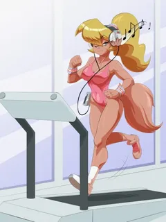 e621 anthro big_breasts blonde_hair breasts callie_briggs cat cleavage clothed clothing epictones feline female fur hair hi_res jogging leotard mammal music ponytail sneakers swat_kats tan_fur walkman wristband